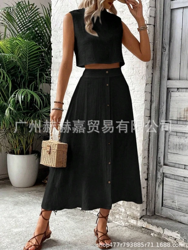 Button Design with Split A-Line Buttocks Waist Length Skirt Round Neck Sleeveless Short Top Cotton Linen Skirt Solid Color Set