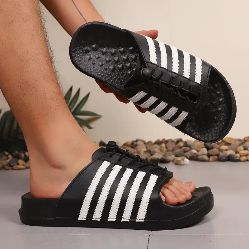 New men's PU leather massage slippers with striped design adjustable lace sandals comfortable summer beach shoes