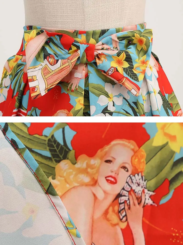 المرأة الأزهار طباعة تنورة الصيف ، ارتفاع الخصر ، سوينغ 50s ، الرجعية ، روكابيلي ، ميدي ، التنورات مطوي ، خمر