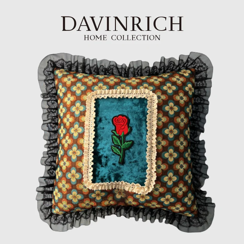 

DAVINRICH A Red Rose Retro Flower Jacquard Throw Pillow Covers With Lace Fringing Square Cushion Case French Pastoral Home Decor