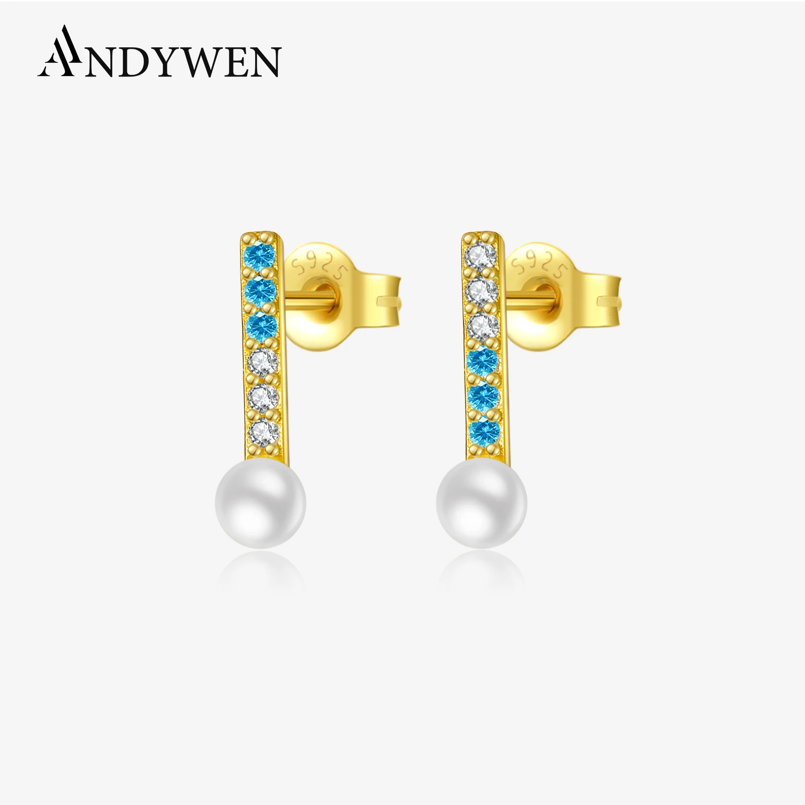 

ANDYWEN 925 Sterling Silver Geometry CZ Light Blue Zircon Pearl Piercing Stud Earrings 2024 Women New Design Fine Jewelry Gifts