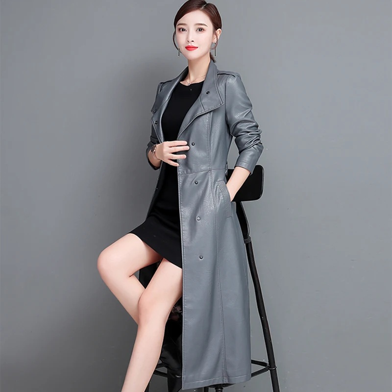 New Women Long Leather Coat Spring Autumn Fashion Casual Stand Collar Single Breasted Slim Trench Coat Split Leather Outerwear