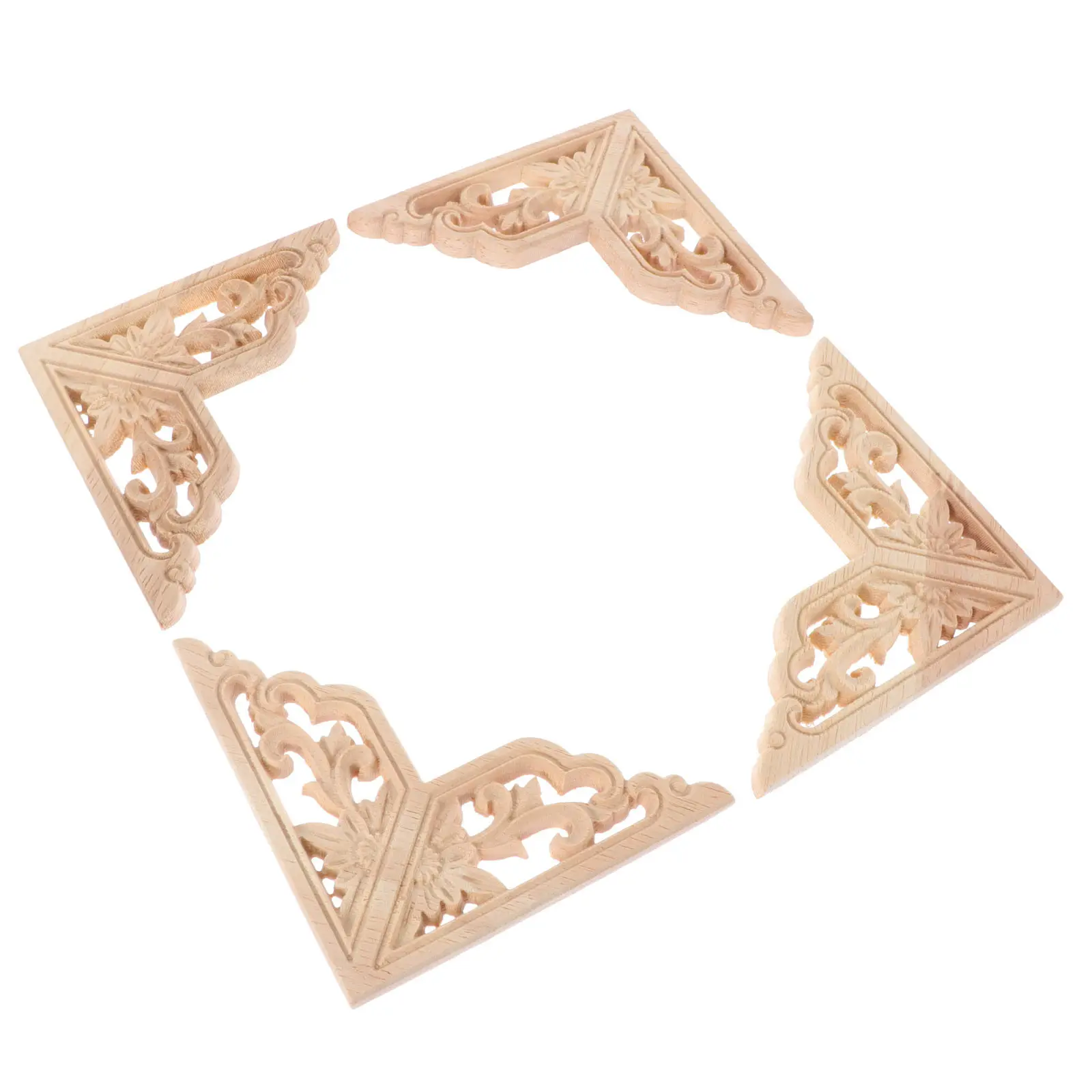 

4Pcs Solid Wood Inlay Carved Wooden Applique for Furniture Door Cabinet Decor Home Art Craft DIY Unpainted Wood Onlay