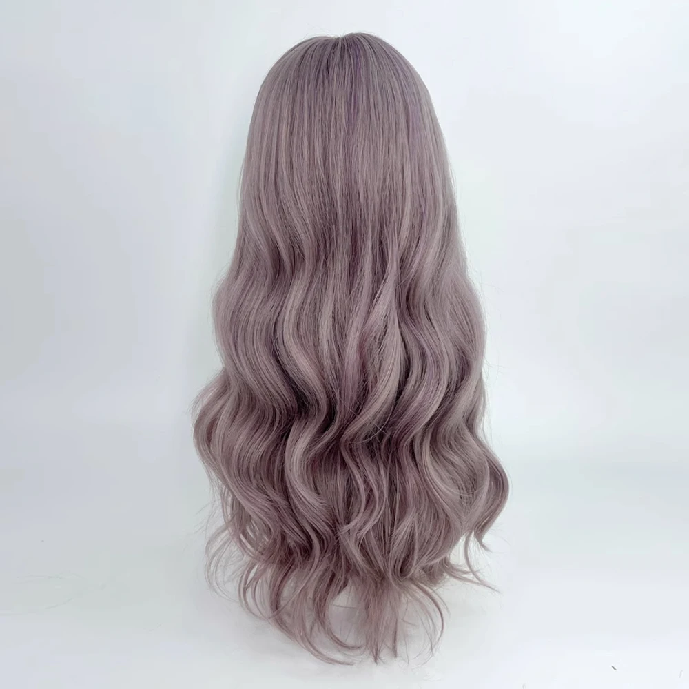 Synthetic Long Wavy Gray Purple Women Wigs with Bangs Natural Lolita Cosplay Fluffy Hair Wig for Daily Party