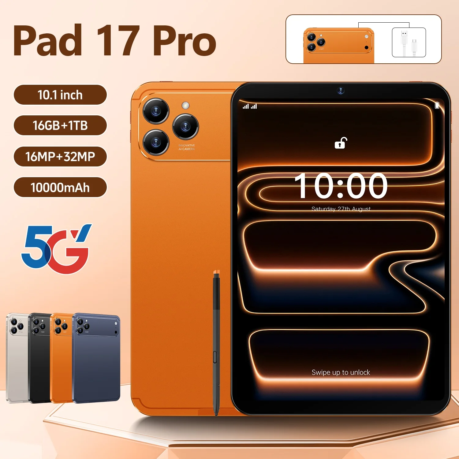 

HOT 2026 New Pad 17 Pro 16GB+1TB Dual Card Tablet 10000mAh Android 15 10.1 inch Snapdragon 8 Gen3 Core WIFI+GPS Tablet