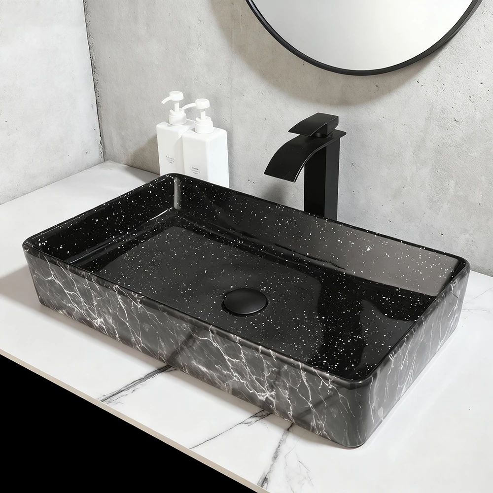 Black Marble Ceramic Vessel Sink Rectangular Above Counter Bathroom Basin with Pop-up Drain Modern Design for Bathroom Vanity