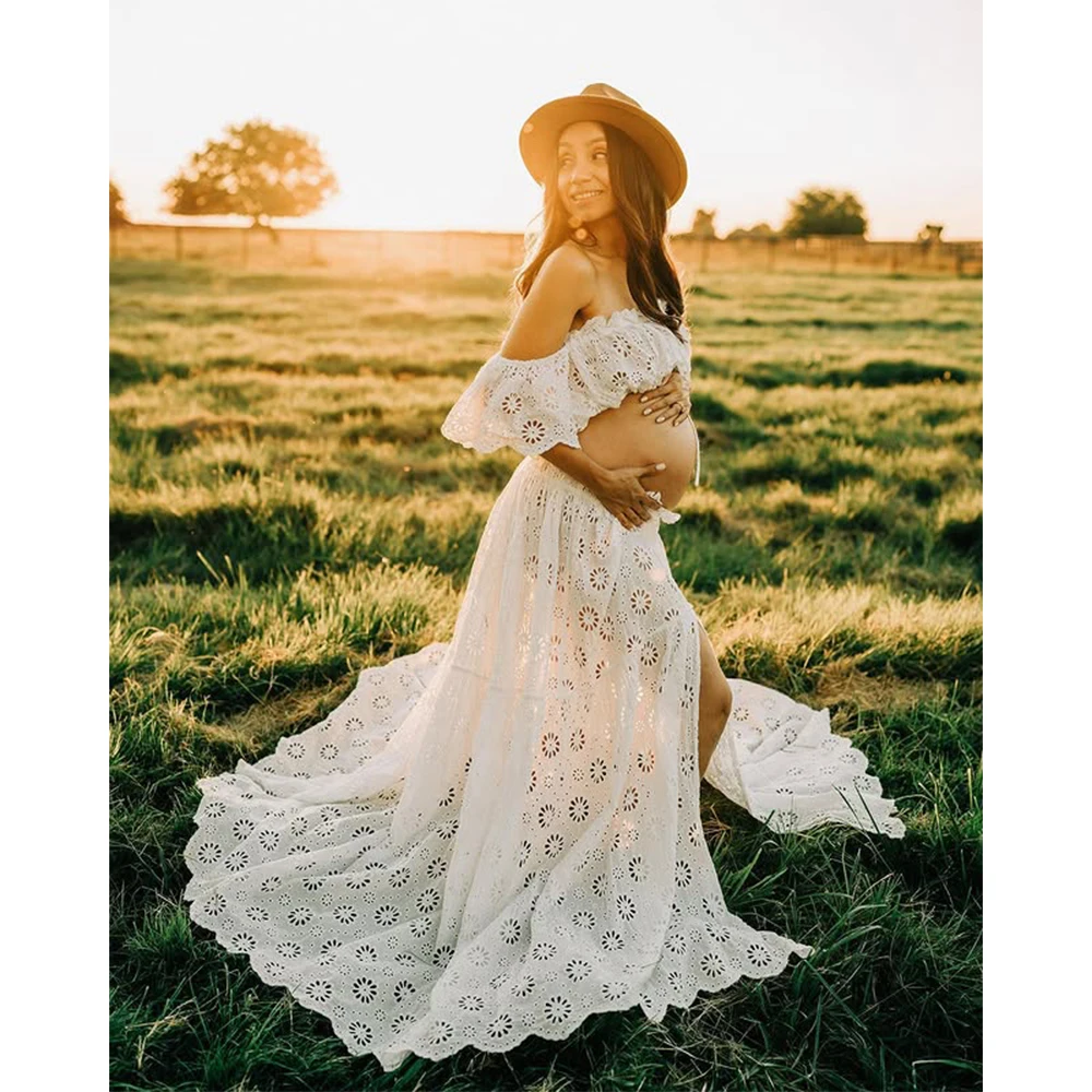 Plus Size Maternity Dresses Photoshoot White Off Shoulder Hollow Embroidery Cotton Comfort-Fit Pregnancy Dress Baby Shower Beach