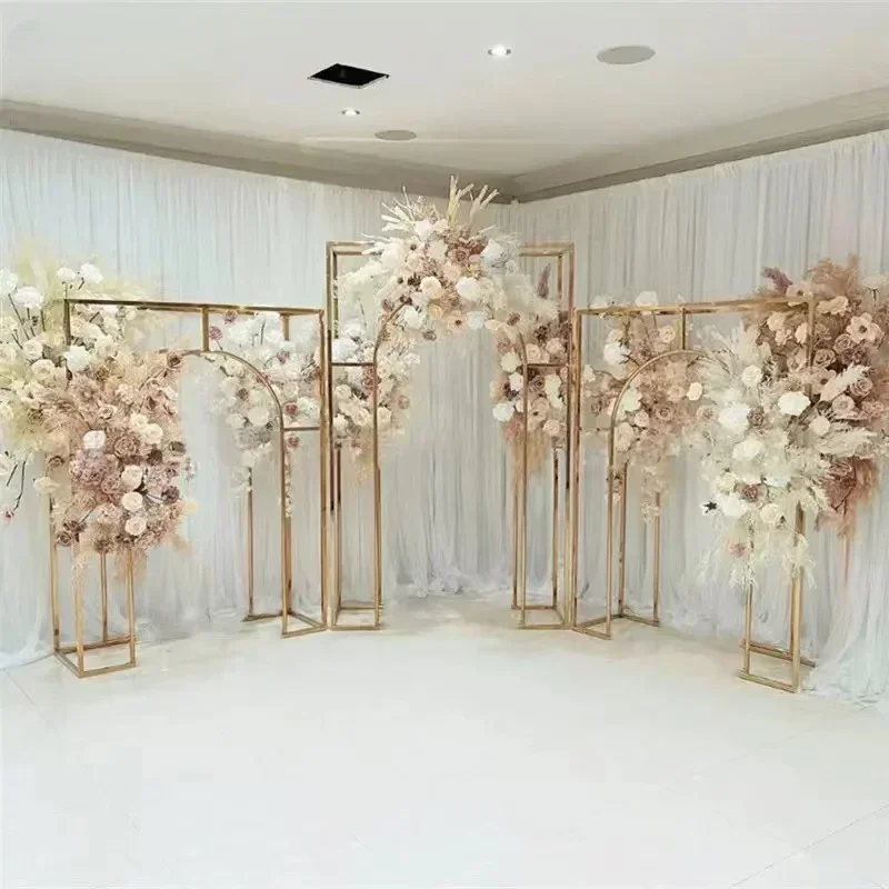 

3pcs Set 8ft Wedding Flower Stand Shiny Gold Iron Arch Geometric Rectangular Frame for Wedding Decoration Photograph Background