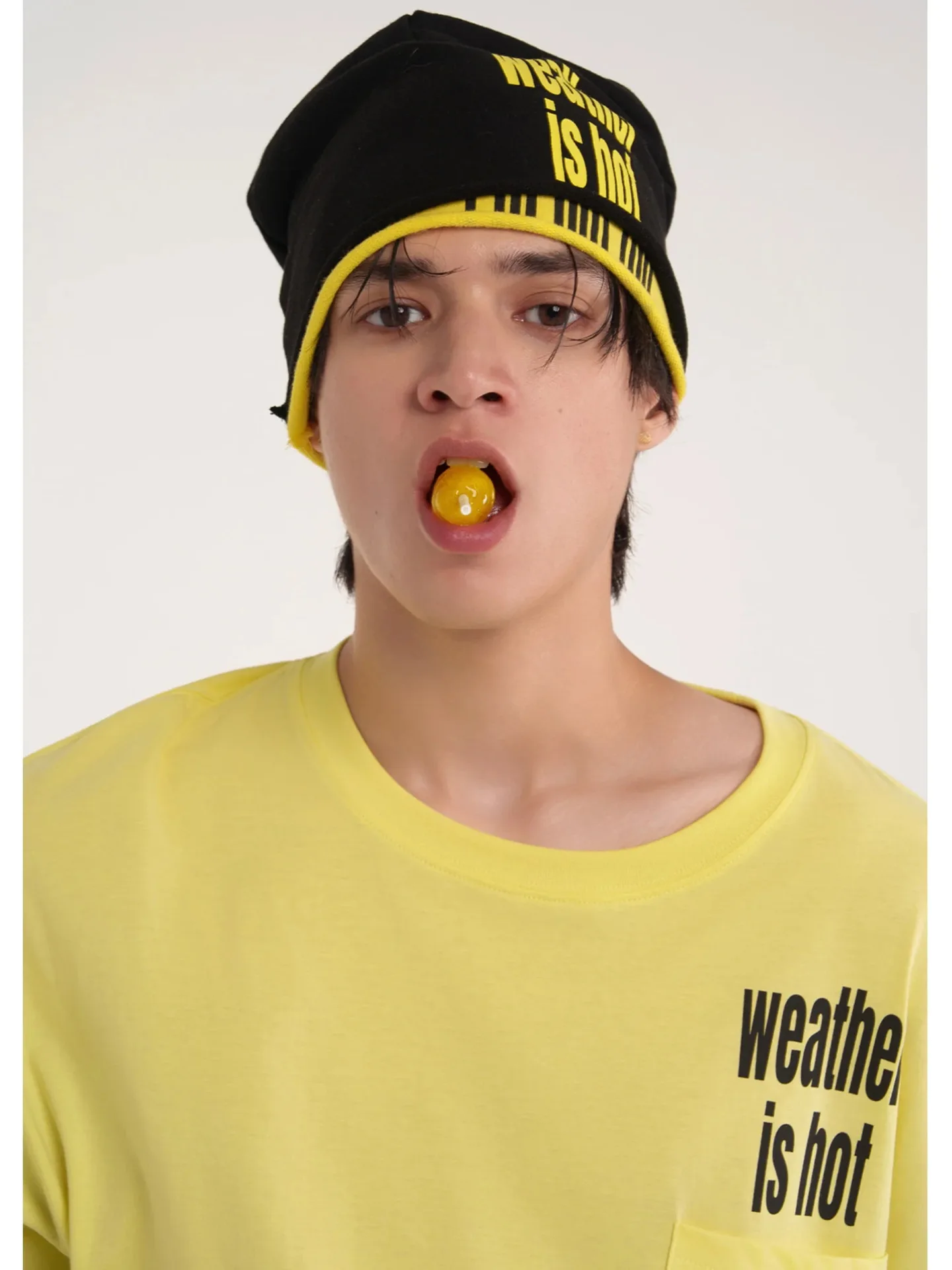 Black Yellow Two Tone Slogan Print Slouchy Beanie Unisex Streetwear Fashion Casual Knit Skull Cap Hat