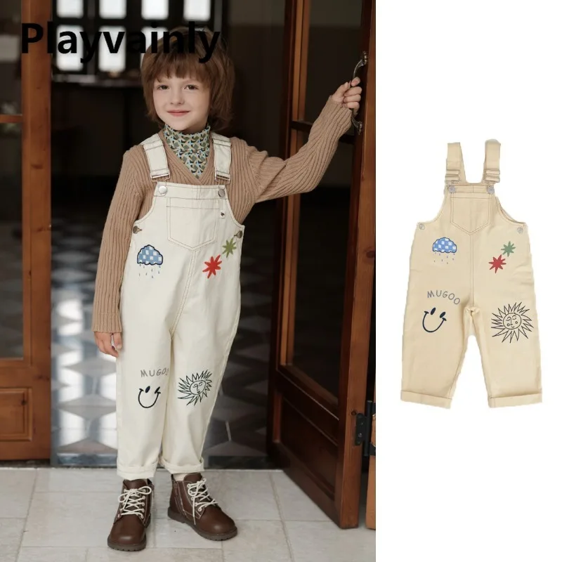 

Children's Fashion Trend Overalls New Autumn Winter Cute Cartoon Embroidery Apricot Dungarees Kids Girls Boys Casual Pants W5122