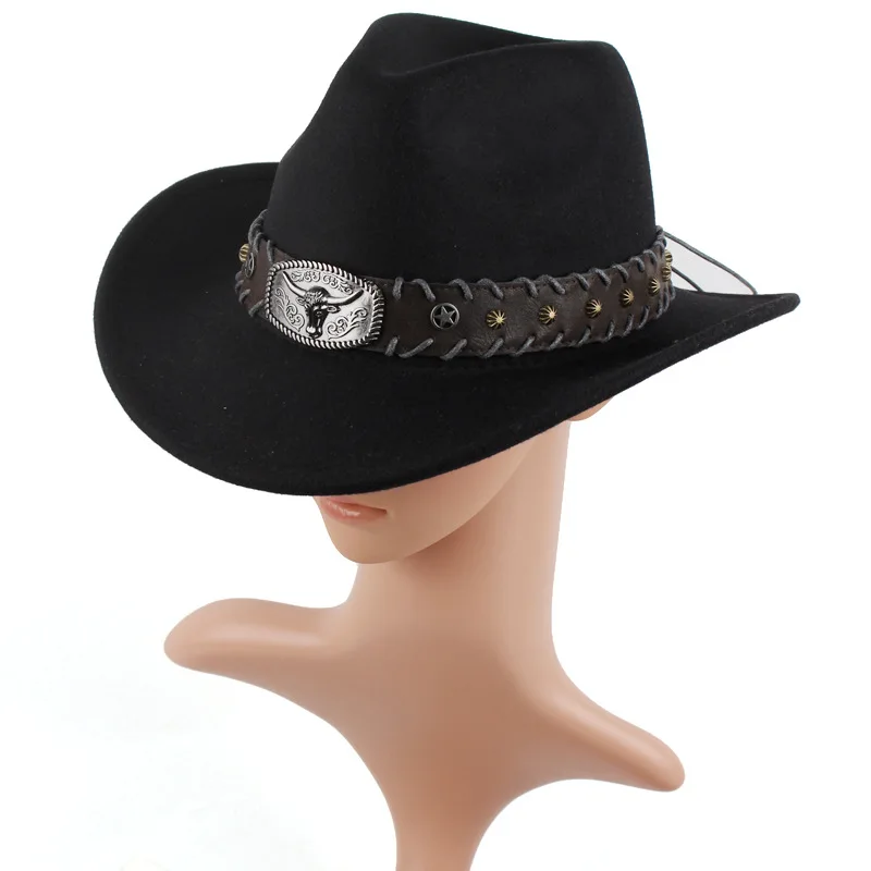 Pu Leather Cow Head Decoration Faux Felt Hat, Autumn And Winter Woolen Hat, European And American Western Cowboy Jazz Hat
