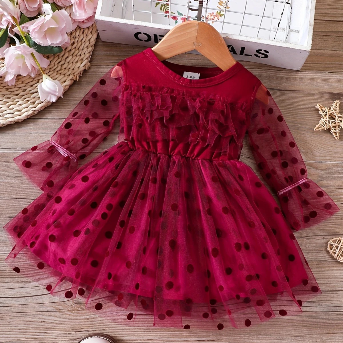 Spring and Autumn New Small and Medium Girls Baby Dot Lace Long sleeved Solid Princess Dress