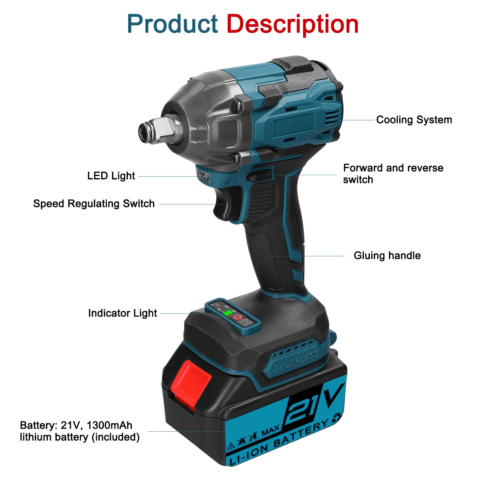 21V Electric Wrench Brushless Motor High Torque Power Tools with Forward and Reverse Rotation Ways Switching Household Drill