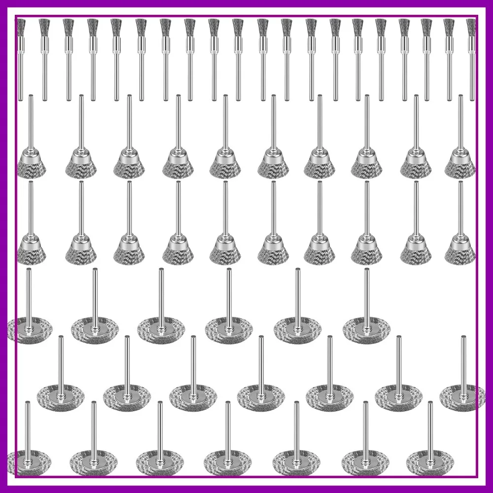 

60Pcs Wire Brushes Set, 3 Shapes Steel Wheels, 1/8" Shaft for Rust Removal, Cleaning, Polishing, Rotary Tool Accessories
