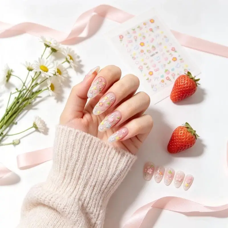 2Sheets Sweet Element Nail Art Stickers Flower Heart Cherry Strawberry Kawaii Decals Colorful Bow Butterfly Manicure Sliders