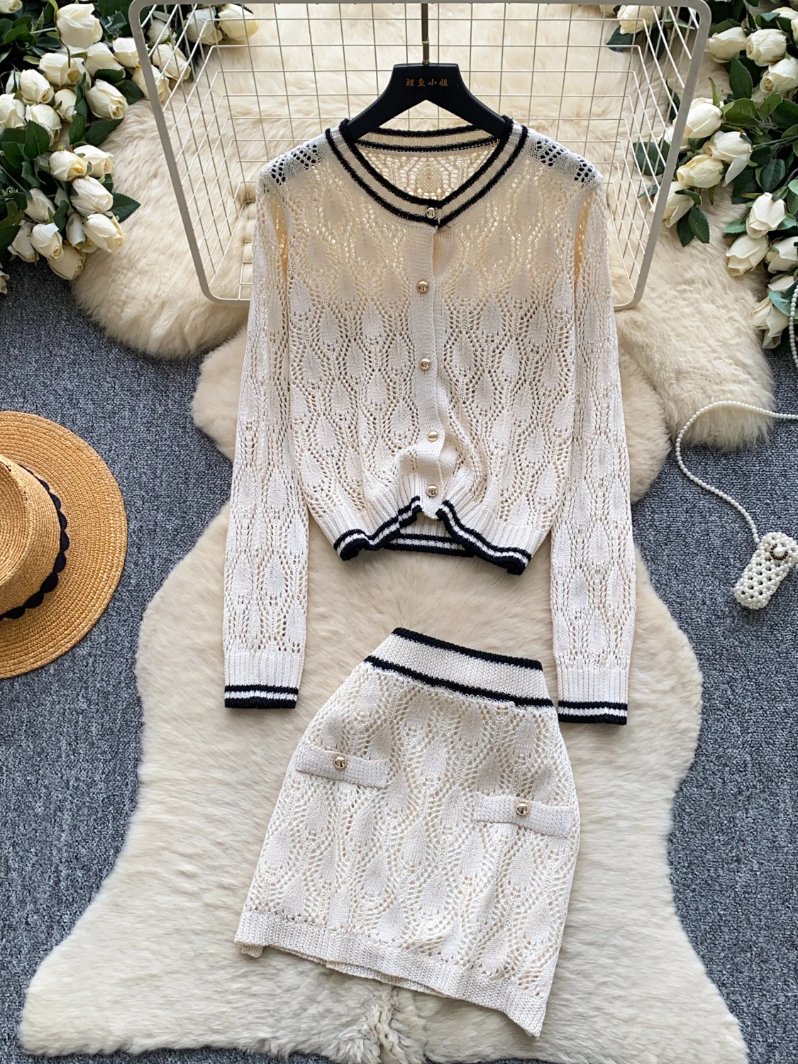 Color Block  Knitted Open Cardigan Top Half Skirt Two Piece Set Women's Slimming Fashion Ensemble Autumn Commute Style