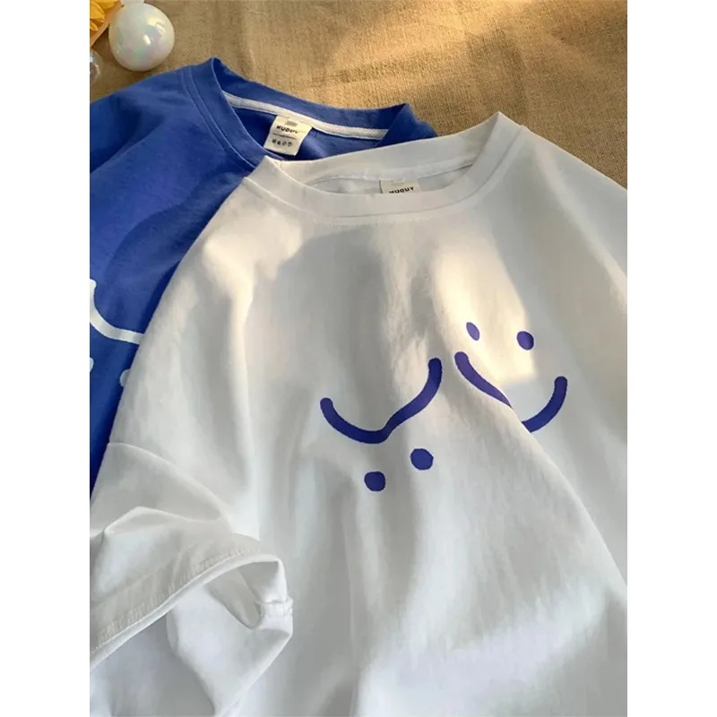 Women's Smiley Short Sleeve Summer Cotton T-shirt Korean Series Chic Oversized Round Neck Half Sleeve Pure Cotton Top Ins Idle