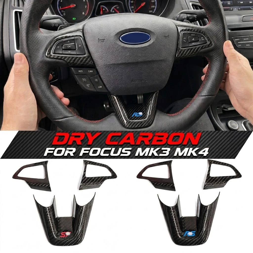 Dry Carbon Fiber Steering Wheel Button Frame Trim Cover For Ford Focus MK3 MK3.5 MK4 MK4.5 ST-Line RS Interior Trim Accessories