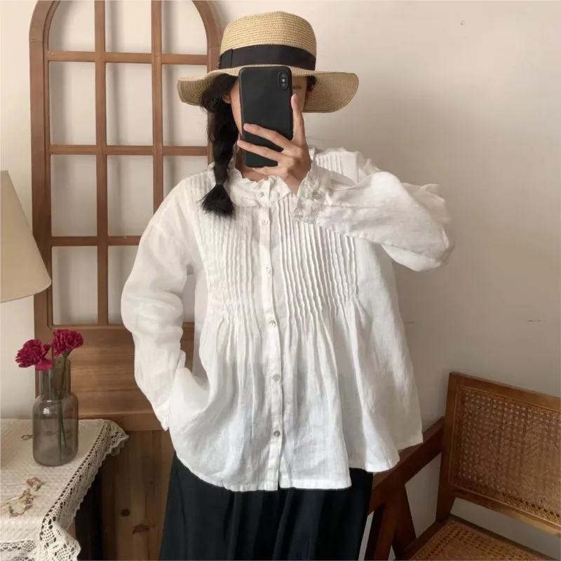 Johnature Summer New Linen Shirts 2024 Ruffles Collar Loose Solid Color Pleated Casual Vintage Loose Women Blouses