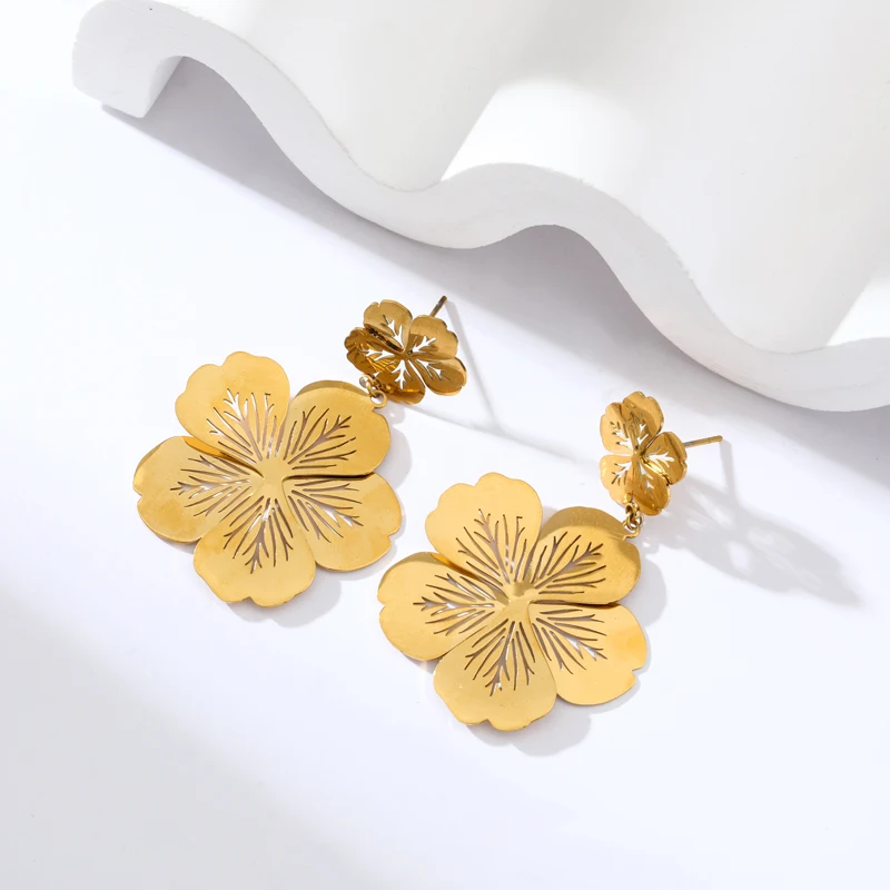 EILIECK 316L Stainless Steel Geometric Tiger Stripe Starfish Flower Earrings For Women Fashion Gold Color Ear Dangle Jewelry