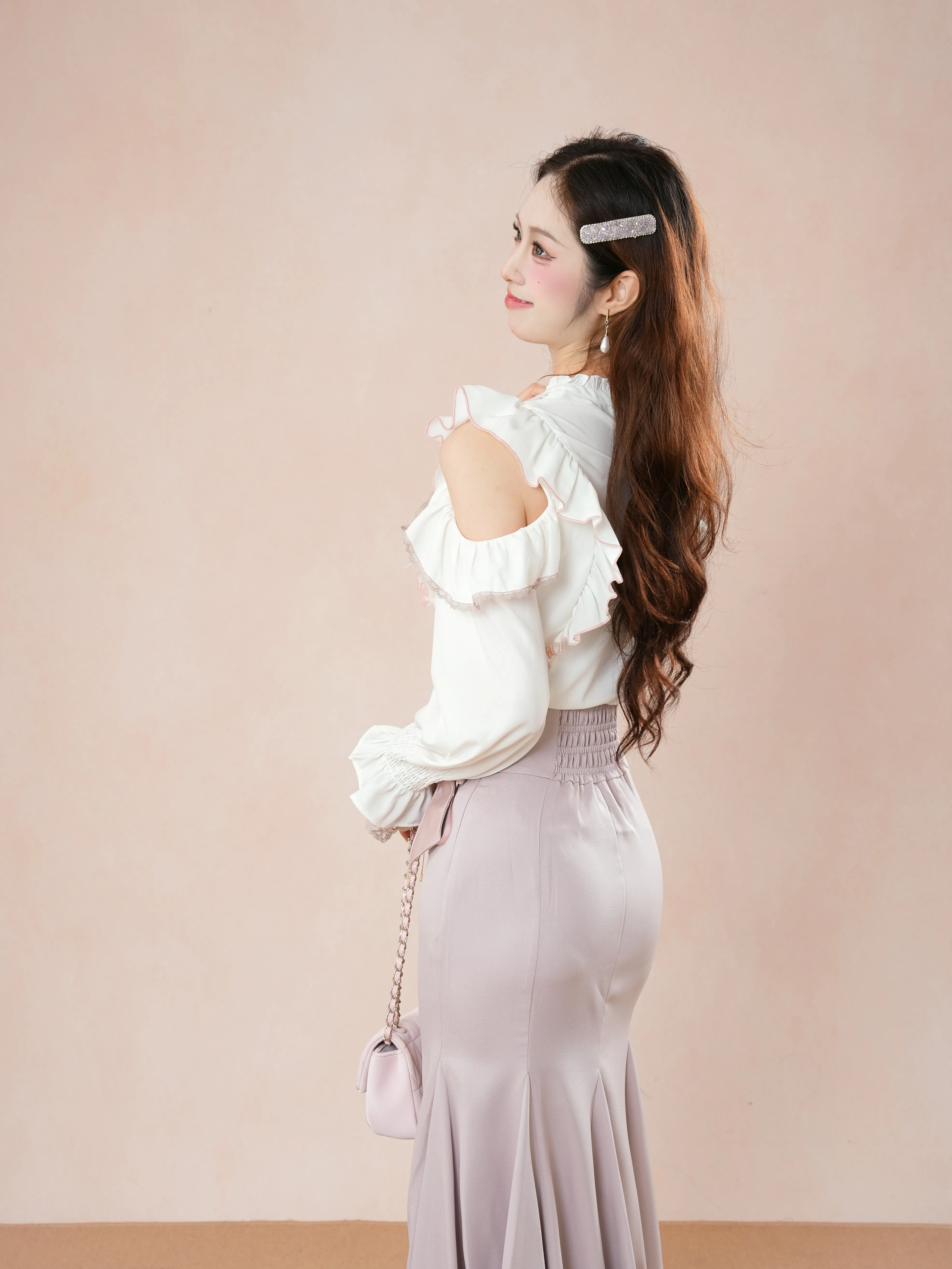 النمط الياباني أنيقة الحلو خارج الكتف قمصان طويلة الأكمام عالية الخصر القوس طويل ذيل السمكة التنانير قطعتين مجموعات للنساء الخريف #5