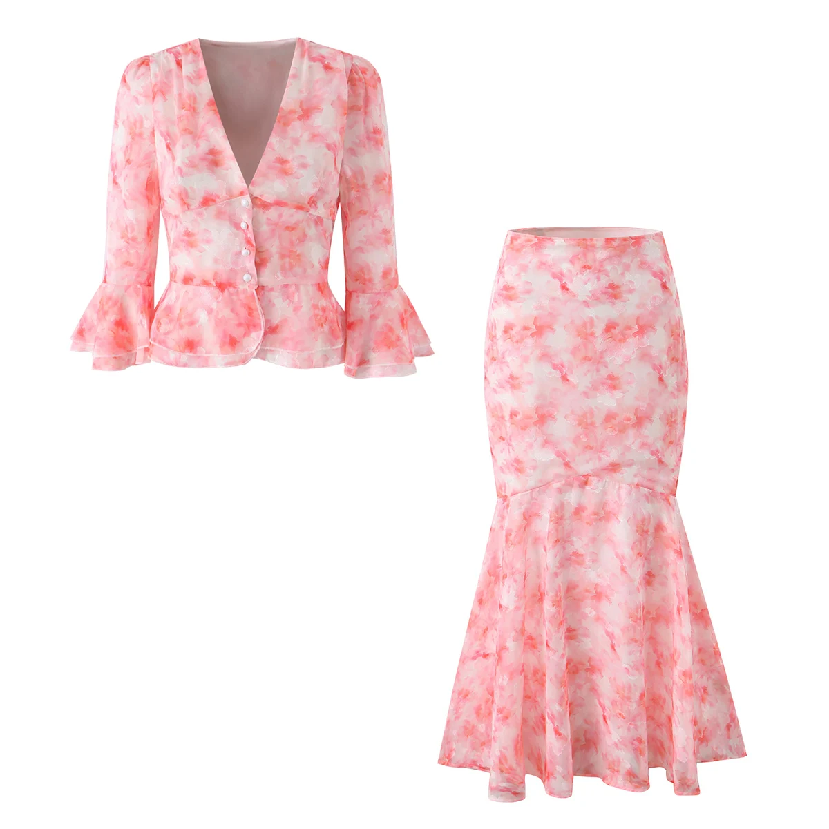 Fashion Women Pink Flower Print Puff Sleeve Flare Cuff Crop Shirt + Zipper Waist Package Hips Mermaid Skirt Suits 2 Pieces 1 Set