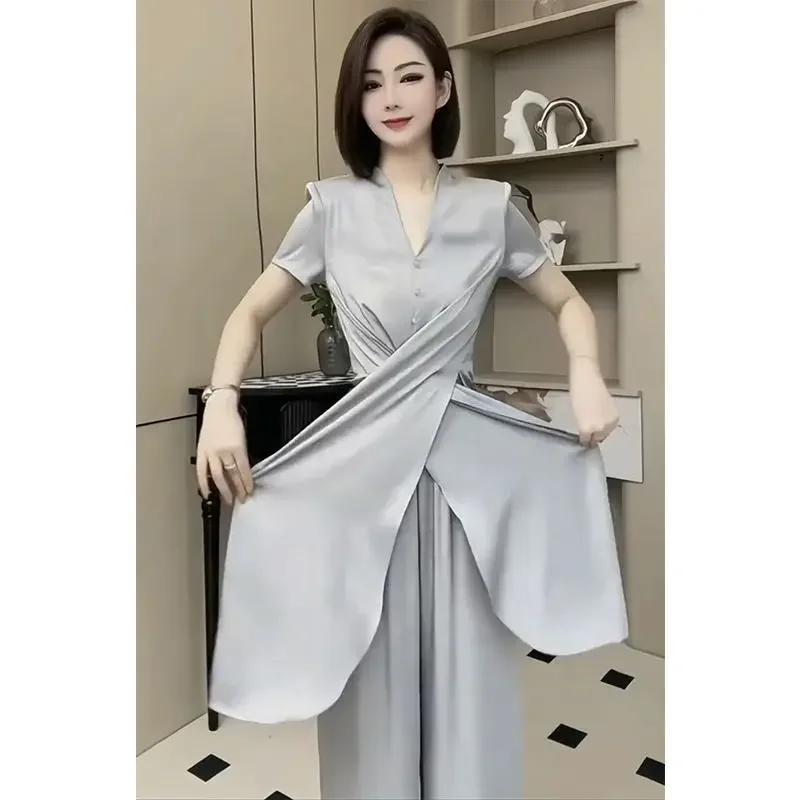 

New Fashion Design Satin Women's Two Pieces Set Summer V-Neck Short Sleeve Cross Slim Tops Shirt + Straight Pants Elegant Suit