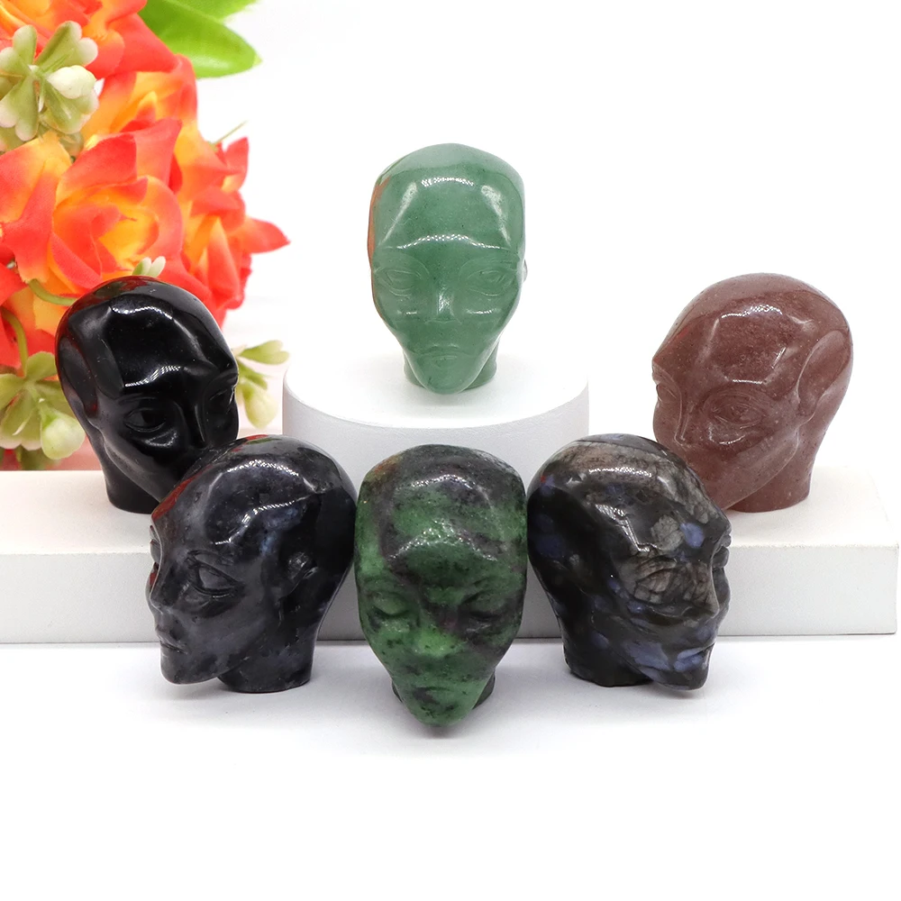 

19 Color UFO Alien Skull Statue Natural Rose Quartz Obsidian Crystal Stone Healing Elf Head Carved Halloween Home Decor Gift