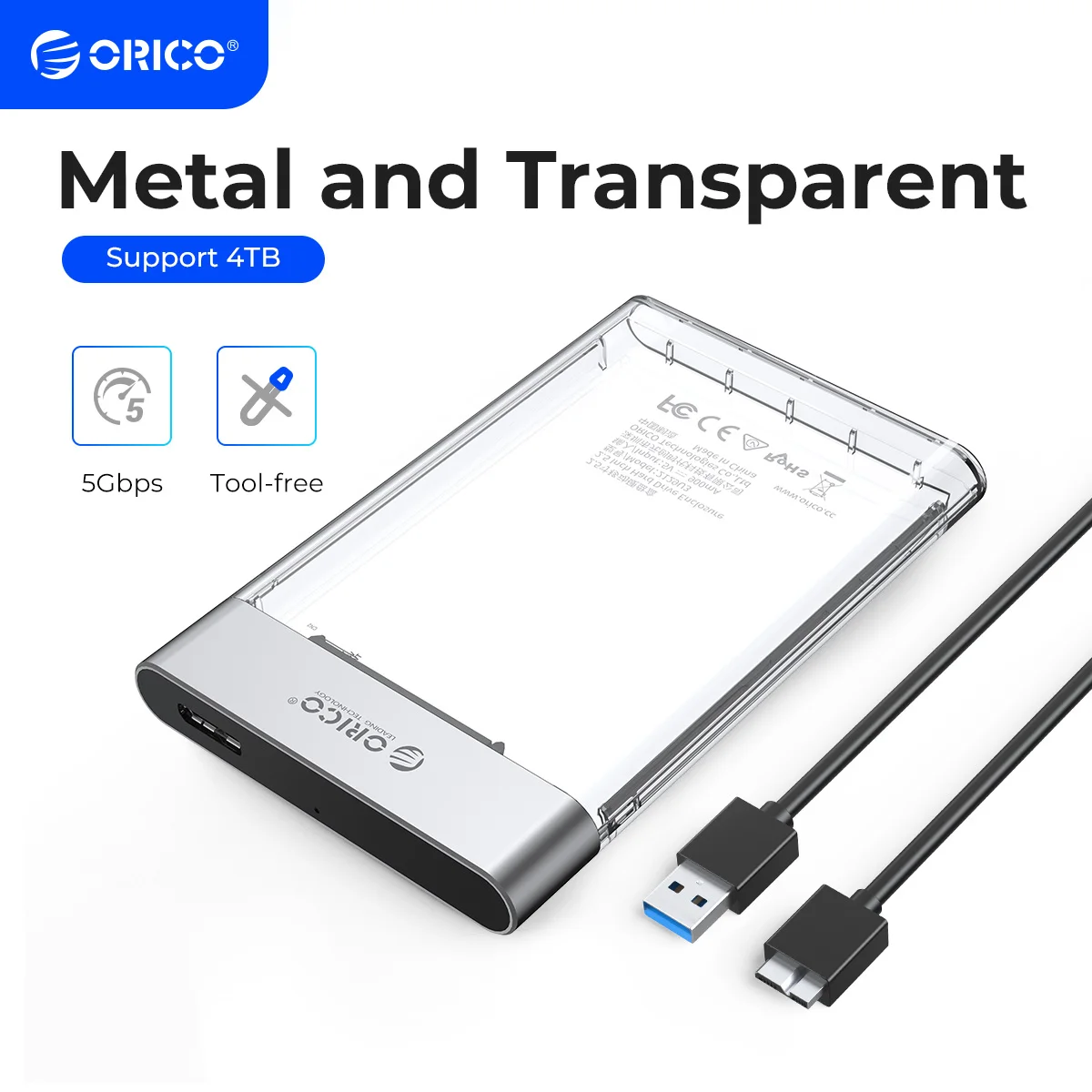 ORICO-carcasa transparente para disco duro SATA a USB 2,5, carcasa de Metal para HDD de 3,0 pulgadas, 5gbps, compatible con UASP