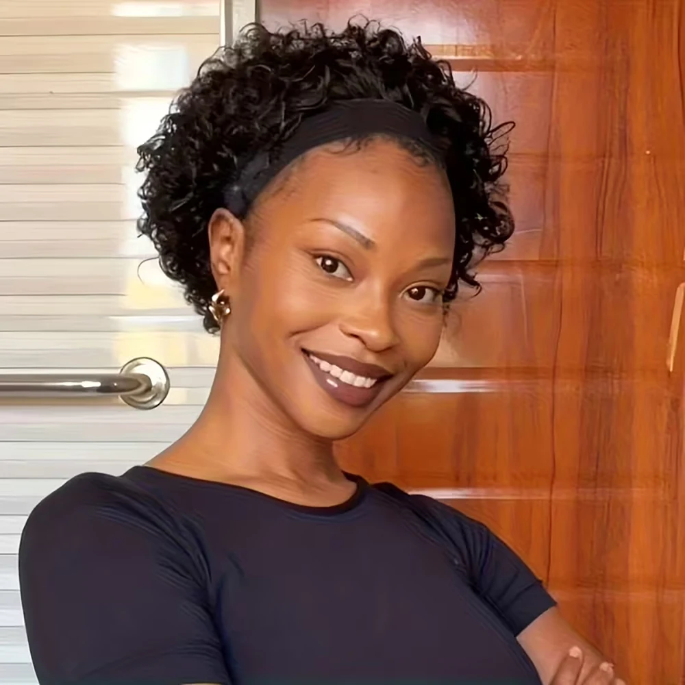 Влажные и волнистые короткие парики с стрижкой пикси, вьющиеся парики из человеческих волос с повязкой на голову для чернокожих женщин, базильские волосы, машинное производство, вьющиеся парики