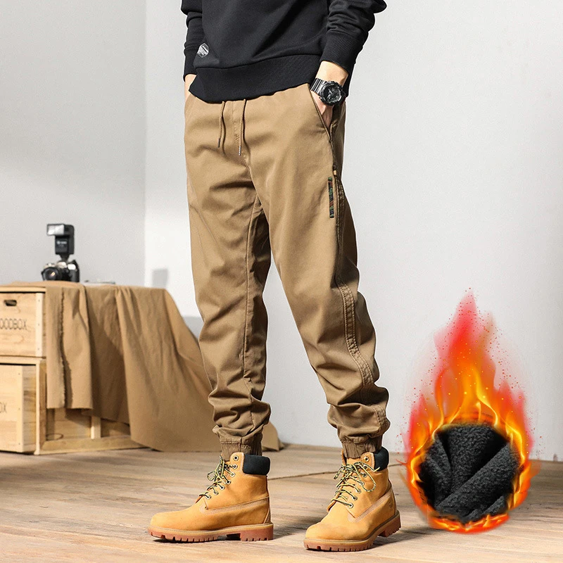 Thickened Men's Cargo Pants Plush Washed Cotton Elastic Loose Casual Pants Elastic Cuffs Classic Versatile Solid Warm Trousers