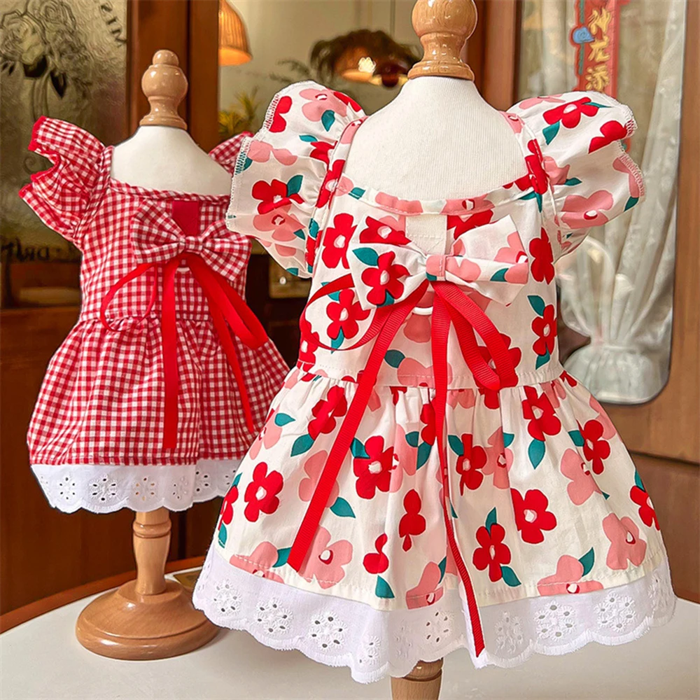 Spring Summer Dog Princess Dress Red Plaid Floral Printed Pet Skirt Bow Lace Dress For Small Medium Cat Dogs Puppy Clothes