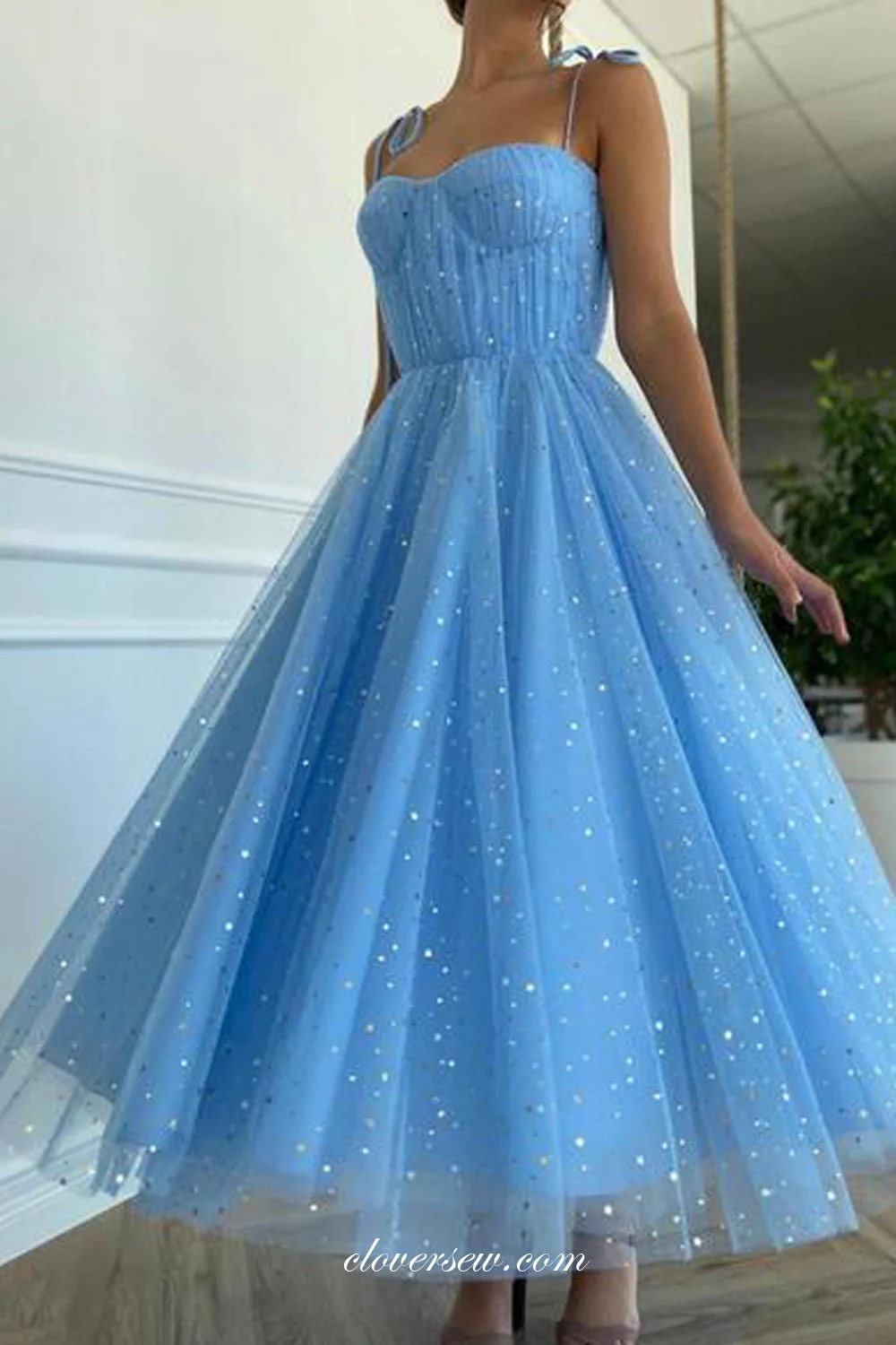 Cathy Blue Tulle Spaghetti Strap Prom Dress Heart Shape Neck A-line فساتين سهرة Elegant Ankle-length vestidos de fiesta 2024