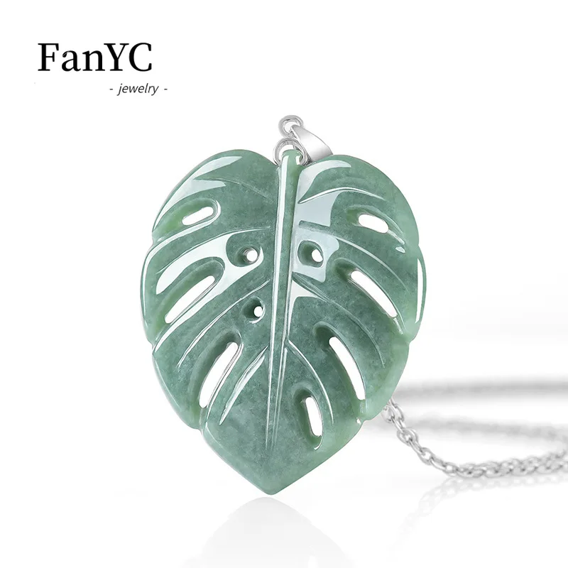Natural Jadeite Monstera Leaf Pendant with Openwork Carving Stylish and Charming Beige-Green Jade Necklace Unisex Holiday Gift
