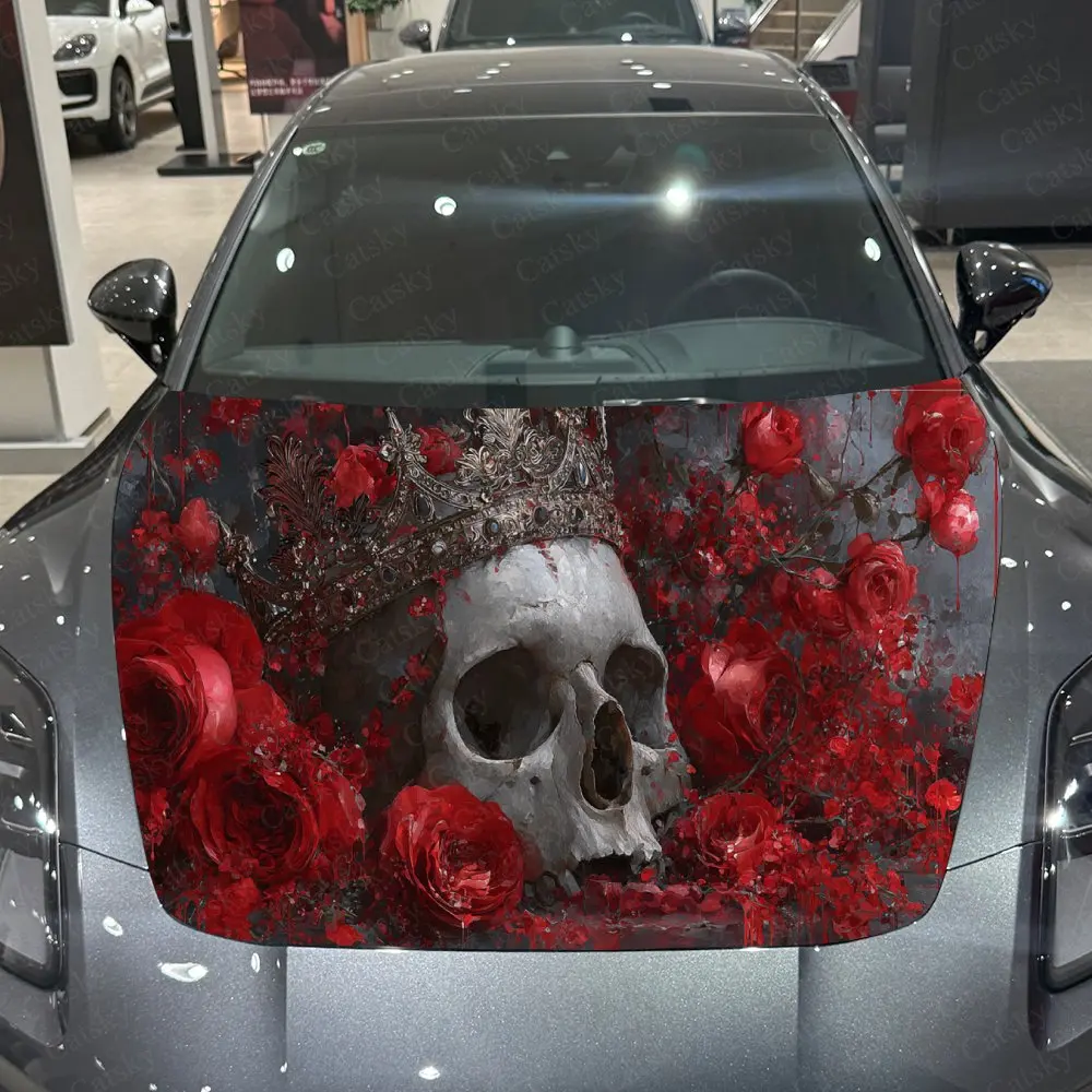 غلاف فينيل للسيارة على شكل جمجمة وردية، ملصق غطاء محرك السيارة المقاوم للماء من مادة PVC، ملصقات ذاتية اللصق مقاومة للخدش لتغطية المحرك