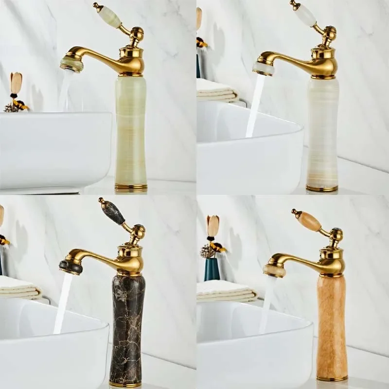 Gold Luxury Bathroom Basin Faucet Single Handle Vanity Sink Mixer Water Taps Brass Natural Jade Basin Sink Faucet Tall Style