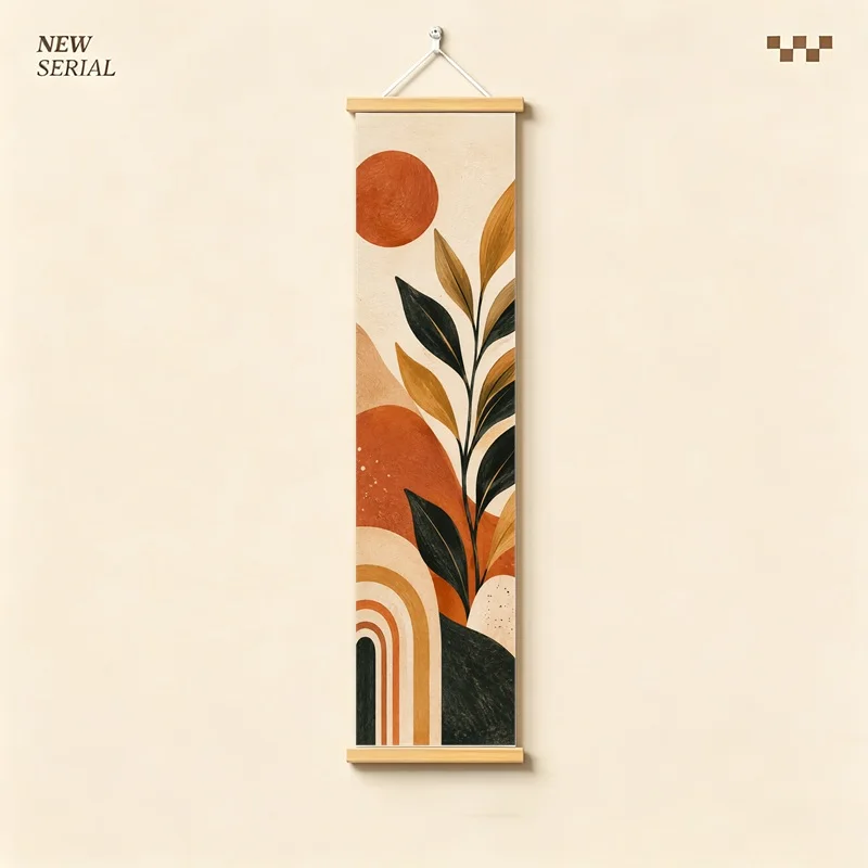 Wall Art Burnt Orange Botanical Leaves and Geometric Arches, Retro Boho Pearlescent Canvas Hanging Scroll for Living Room