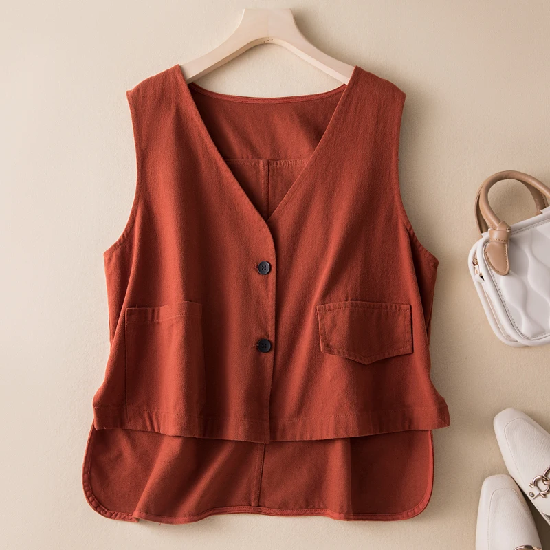 

Spring Autumn Green Brown Red Cotton Linen Short Vests for Women Vintage V-neck Button Irregular High Low Sleeveless Jacket Coat