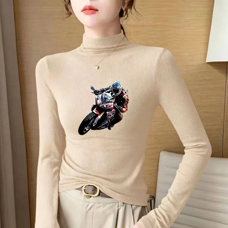 Winter Women's Thermal Brushed Fleece Half Mock Neck Long Sleeve T Shirt Motorcycle Rider Leaning Graphic Warm Tee