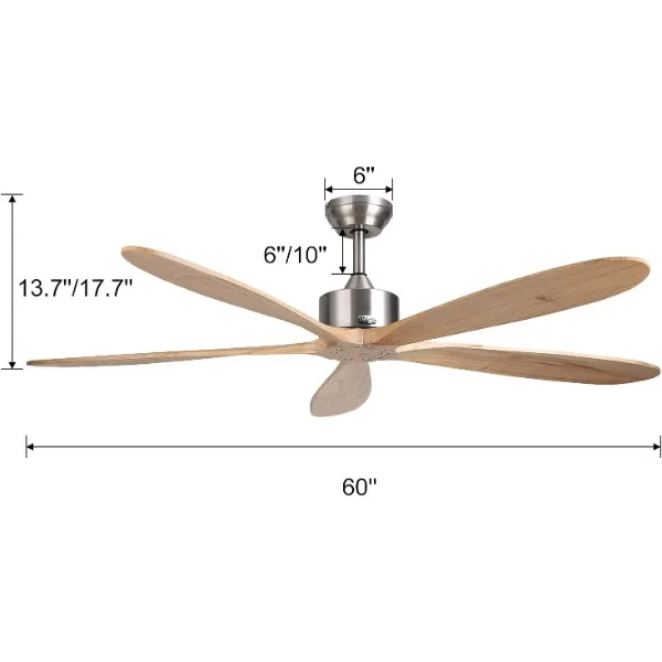 Ventilador de teto Reiga-dc, 60 polegadas, sem luz, 2 downrods, 5 reversíveis, esculpidos, lâminas de madeira natural, moderno, grande