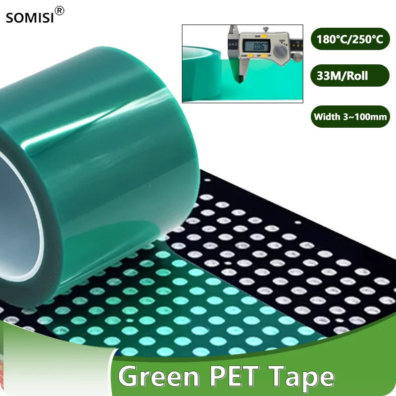 Green PET High Temperature Tape 0.06mm 33M 180‑250℃ Heat Resistant Solder Masking Tape For PCB SMT Plating Powder Coating