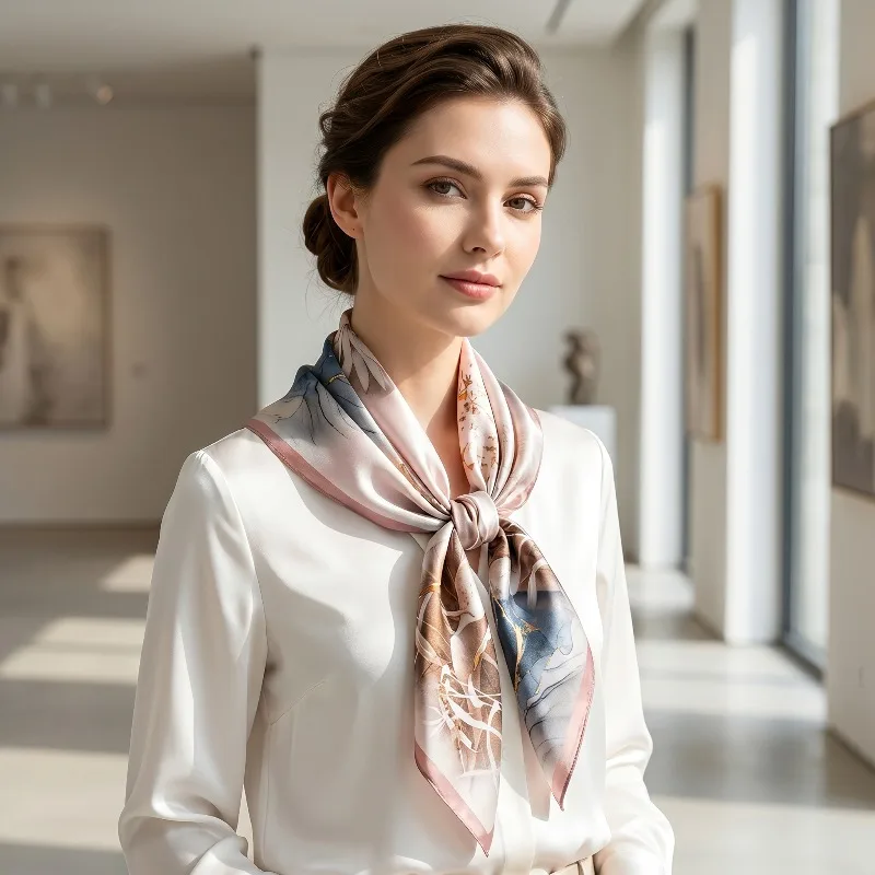 

100% Mulberry Silk Scarf 35" Large Square Headscarf Women’s Hair Wraps Travel Shawl (88*88cm) With Gift Packed Pink Floral Print