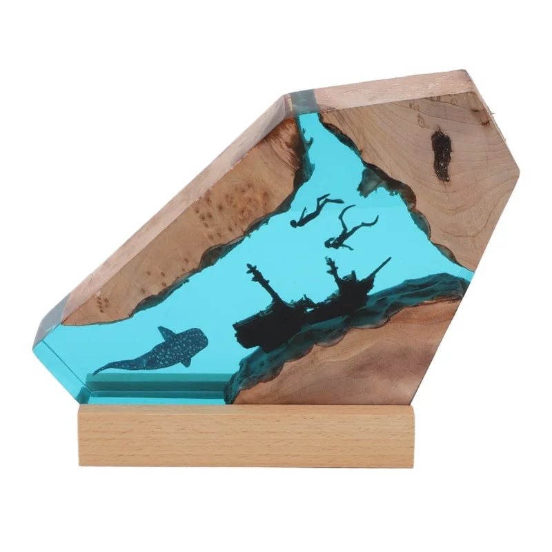 Shark Ship Diver Night Light Table Lamp Handmade Resin Diver Deep Sea Cave Diving Led Light Desktop Ornament For Bedroom Office