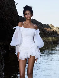 Nibber Elegant Sexy Dress Women Temperament Trend Lace-Up Ruffles Stretch Halter Mesh Flared Sleeves Pleated Hem Wedding Bodycon