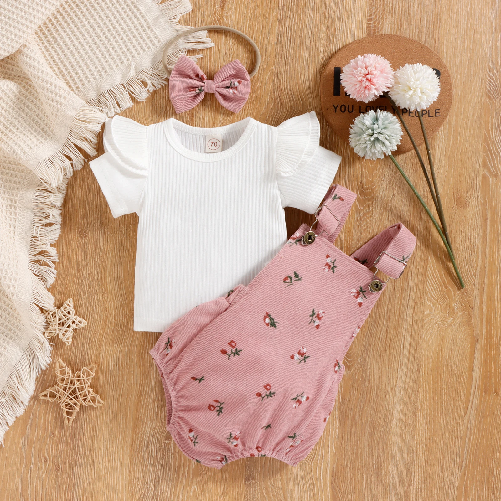 Infant Baby Clothing Girl Summer Fly Sleeve Round Neck Tops + Flower Pattern Suspender Jumpsuit + Bow Headband Clothes