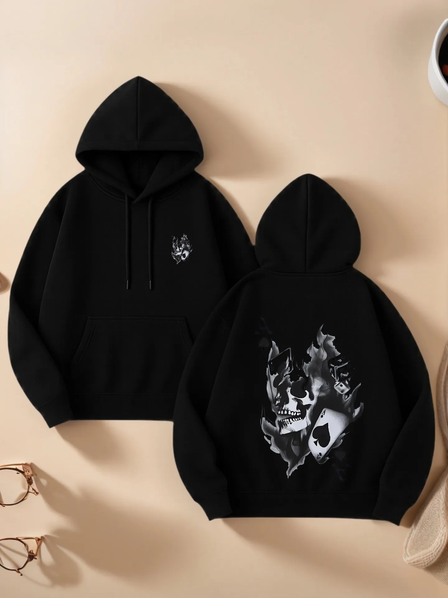 

Graphic Hoodie, Skull & Playing - Card Print, Streetwear Aesthetic, Soft Fabric, Casual Everyday Wear, For Young Men