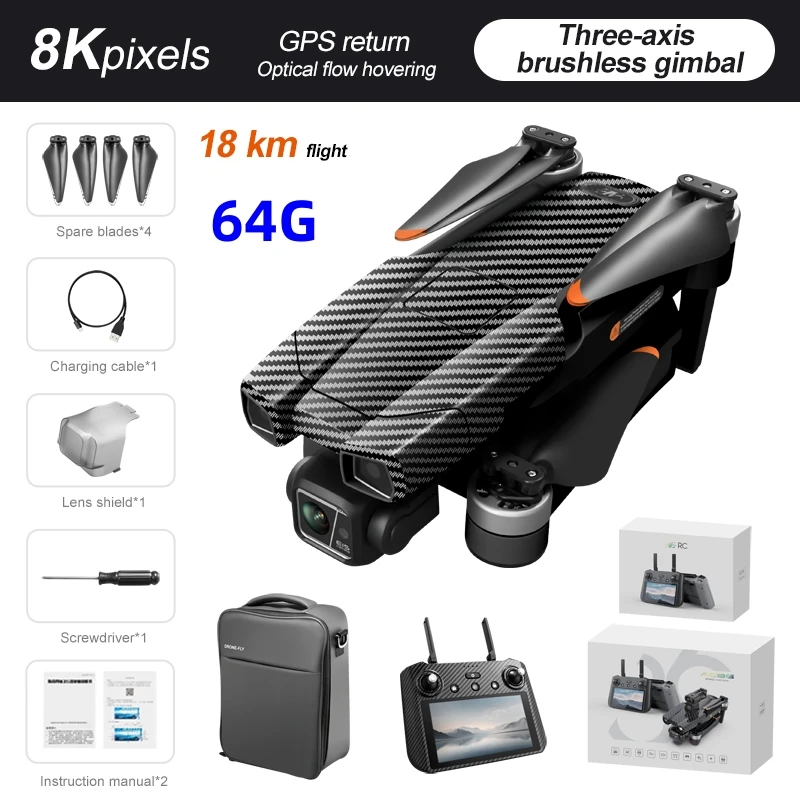 

AE86 GPS Drone 8K Professional HD Camera Brushless 3-Axis Gimbal 8KM Obstacle Avoidance Large Screen 5G FPV Dron RC Quadcopter