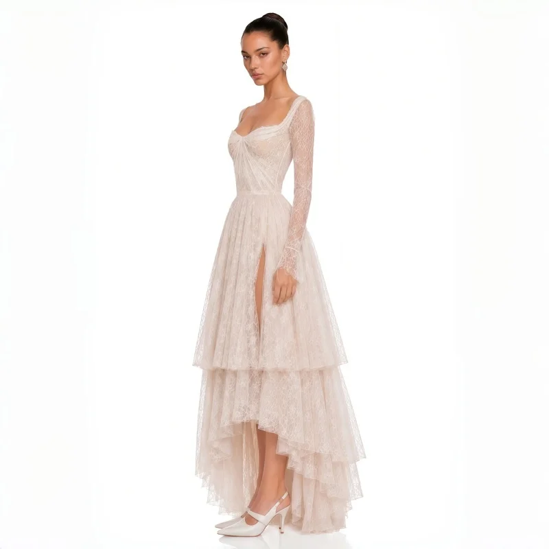 Lace Long Sleeve Prom Dress Blush Pink Square Neck High Slit Bridal Shower Wedding Gown Evening Formal Party Maxi Gowns Custom