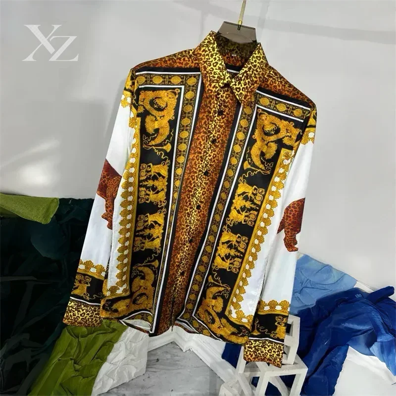 Men's Long-Sleeved Shirt with Leopard Print and Gold Totem, High-Definition 3D Printed Pattern, Stylish Men's Top