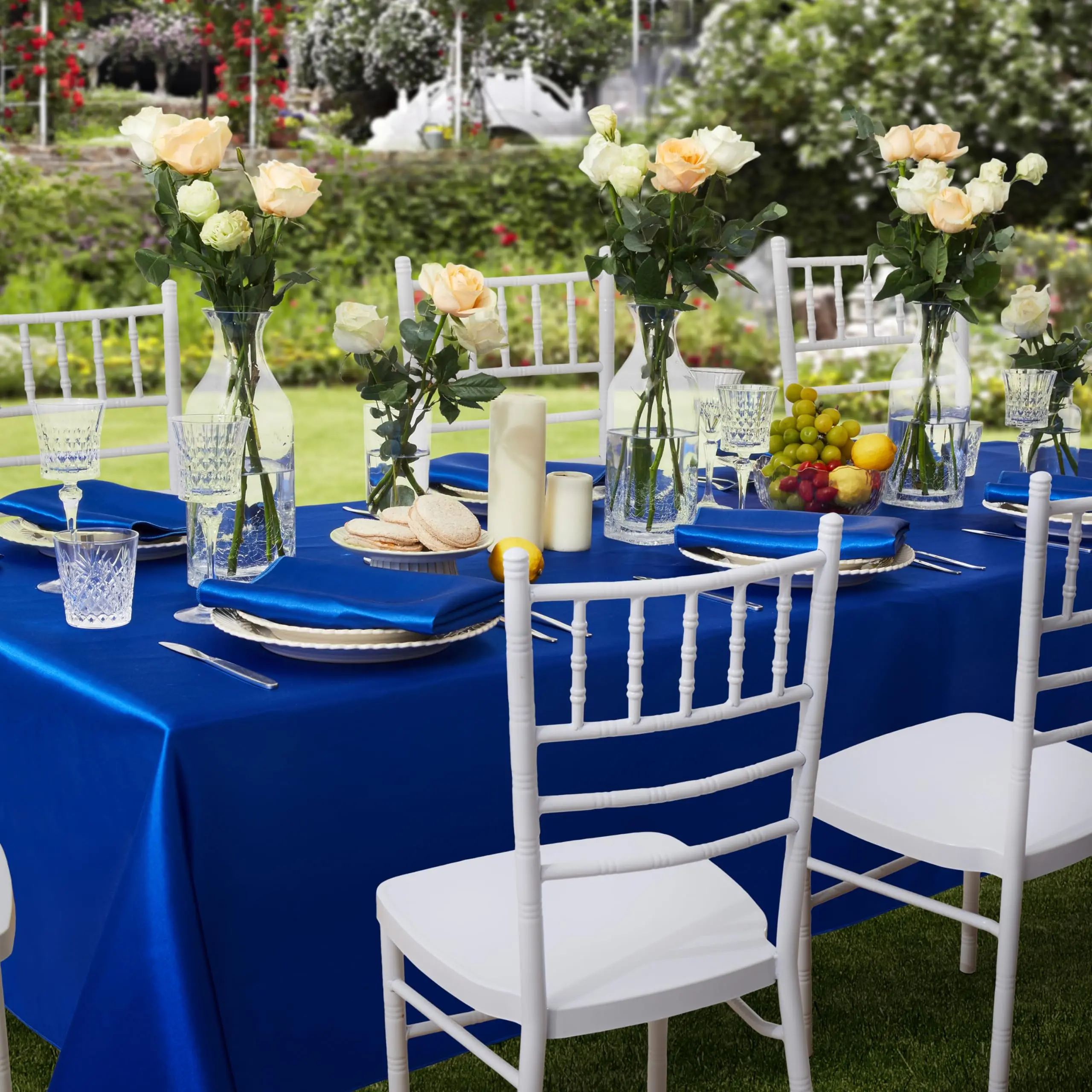 Mantel de boda de seda azul, antiincrustante, antiarrugas, suave y sedoso, para banquete, mesa interior y exterior, mantel con bandera